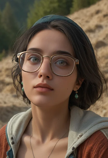 score_9, score_8_up, score_7_up Alma glasses is Scouting for rare herbs looking up at viewer