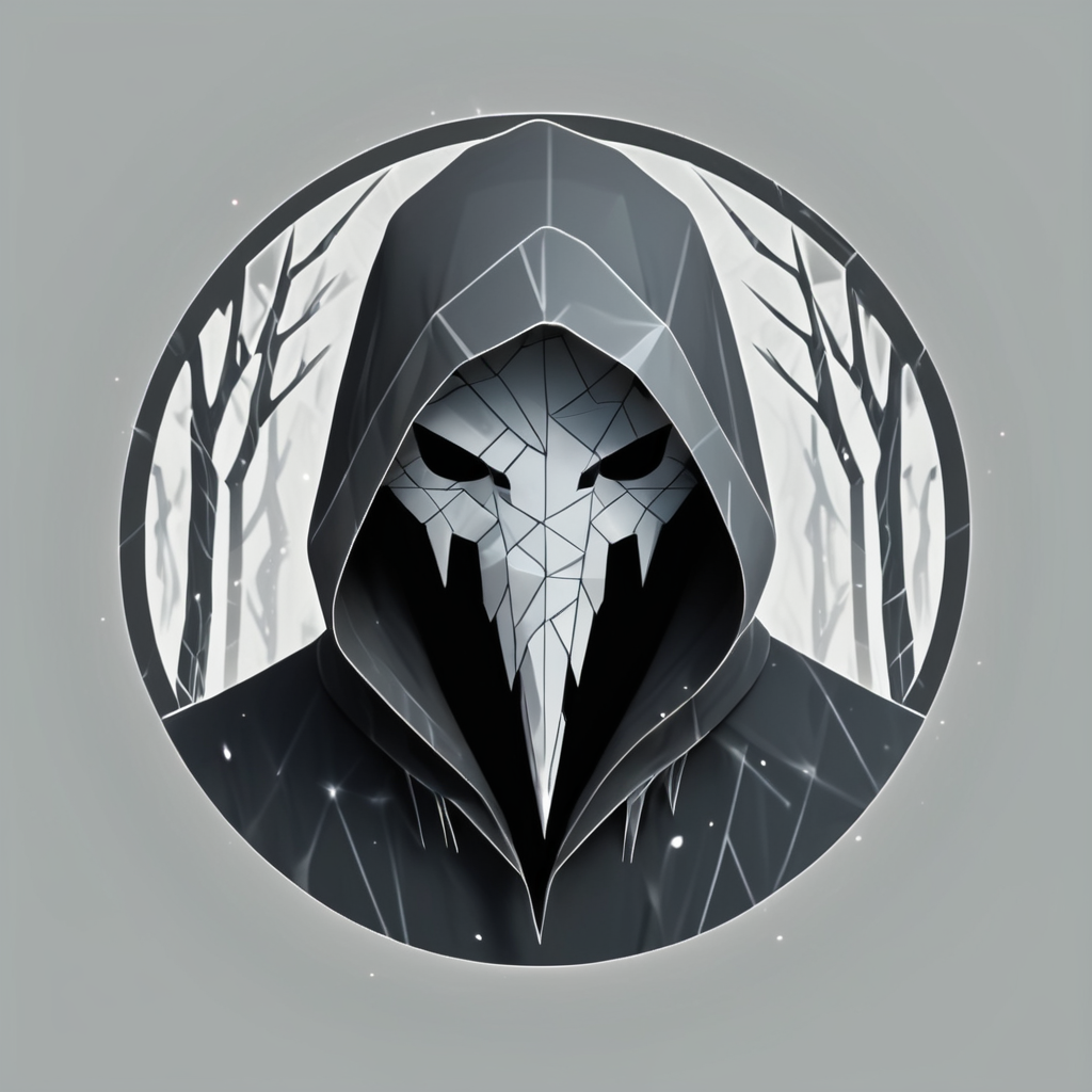 low poly, logotype containing grey and black colors, circle, patronus, omnious figure in a hood, one eye from a shadows, cyclops