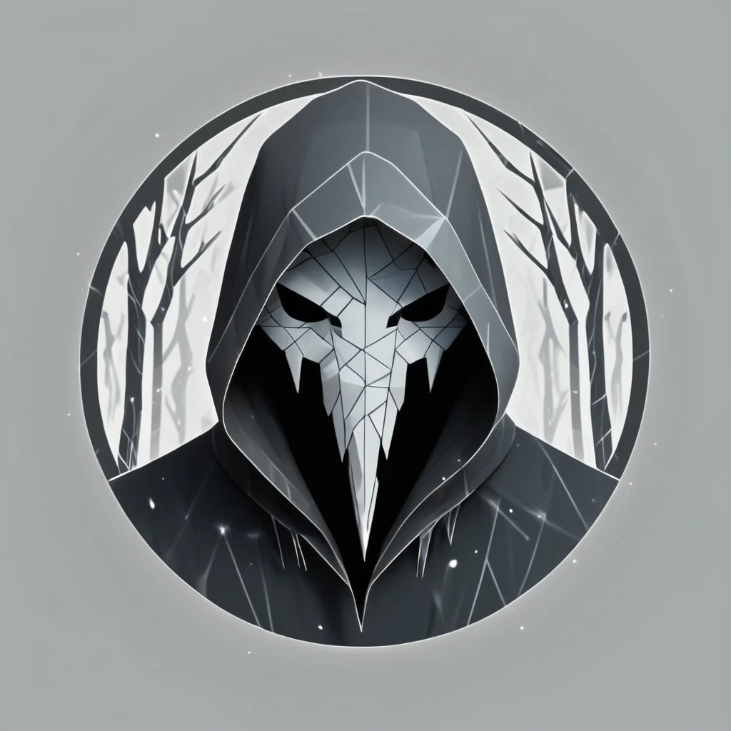 low poly, logotype containing grey and black colors, circle, patronus, omnious figure in a hood, one eye from a shadows, cyclops