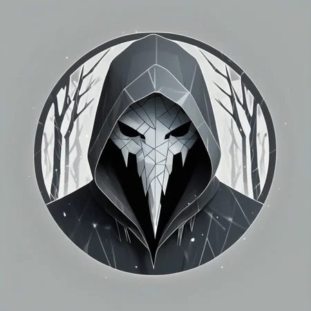 low poly, logotype containing grey and black colors, circle, patronus, omnious figure in a hood, one eye from a shadows, cyclops