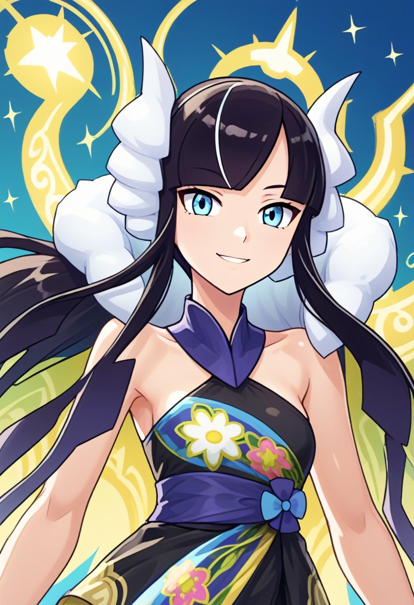 hinosaki, [[[pokemoa, gonzarez]]], 2d, masterpiece, best quality, amazing quality, 1girl, solo, close-up, standing, smile, upper body, leaning_forward, looking at viewer, multicolored background, sparkle, gradient background, colorful background, green background, blue background, ssaelesa, blue eyes, long hair, black hair, multicolored hair, sidelocks, headphones, fur collar, halter dress, sleeveless, bare shoulders, black shorts, japanese clothes, blue sash, purple nails