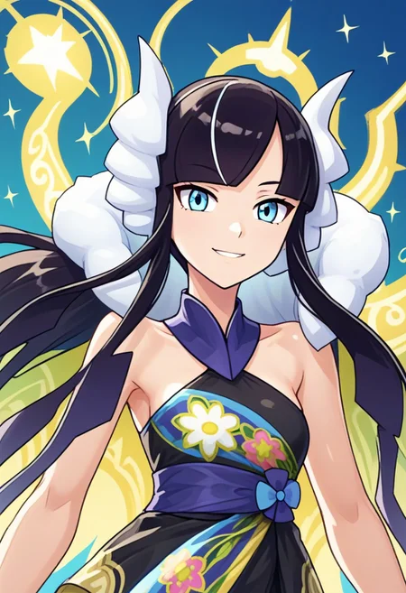 hinosaki, [[[pokemoa, gonzarez]]], 2d, masterpiece, best quality, amazing quality, 1girl, solo, close-up, standing, smile, upper body, leaning_forward, looking at viewer, multicolored background, sparkle, gradient background, colorful background, green background, blue background, ssaelesa, blue eyes, long hair, black hair, multicolored hair, sidelocks, headphones, fur collar, halter dress, sleeveless, bare shoulders, black shorts, japanese clothes, blue sash, purple nails