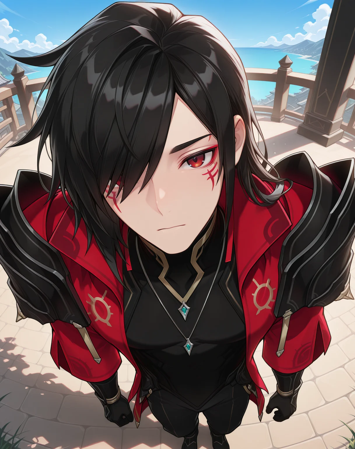 masterpiece, amazing quality, best quality, absurdres, very aesthetic,
1boy, solo, yaoi, male focus, full body, from above, standing, looking at viewer, face focus,
<lora:Solace_Base_ilxl:1> solace, black hair, red eyes, facial mark, hair over one eye, long hair, swept bangs, facial tattoo,
shoulder armor, red jacket, pauldrons, open clothes, black armor, black shirt, open jacket,gloves,high collar,
jewelry, necklace, pendant,
outdoors, day, blue sky,