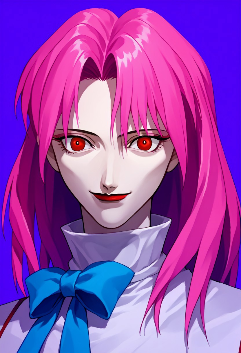 Rusty Nail MV,  1girl,  solo,  smile,  simple background,  red eyes,  bow,  pink hair,  makeup,  blue bow,  lipstick,  portrait,  purple background,  1990s (style), source_anime, 2d, flat color, anime coloring BREAK ,score_9, score_8_up, score_7_up, score_6_up, score_5_up, score_4_up,