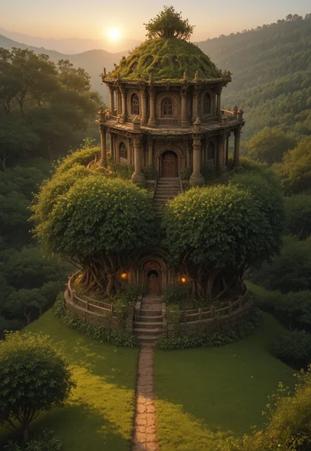 A photo of a Beautiful alien world, (high angle wide shot), ((seen from a distance)), sunset. Ancient trees, the ground covered in moss, plants, everywhere, ones that resemble ferns, trees that are giants colorful air plants and flowers. A visiosomni magical landscape, an elven city of an advanced alien species, otclillsn buildings that defy description, gleaming in the setting sun. Masterpiece, best quality, high-res, extremely clear 8k wallpaper, setting sun. HDR lighting, dramatic cinematic composition, UHD resolution, realistic texturing, advanced rendering techniques, and meticulous post-processing. In the eldoria style, no humans,
(8k uhd:1,4)