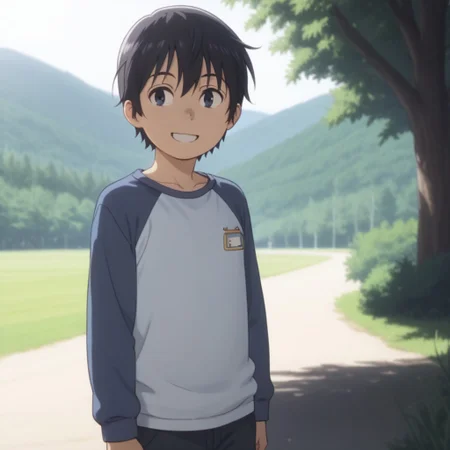 score_9, score_8, score_9, BREAK, solo, male child, satoru, black hair, raglan sleeves, cute, smile, outdoors, sunlight, natural lighting