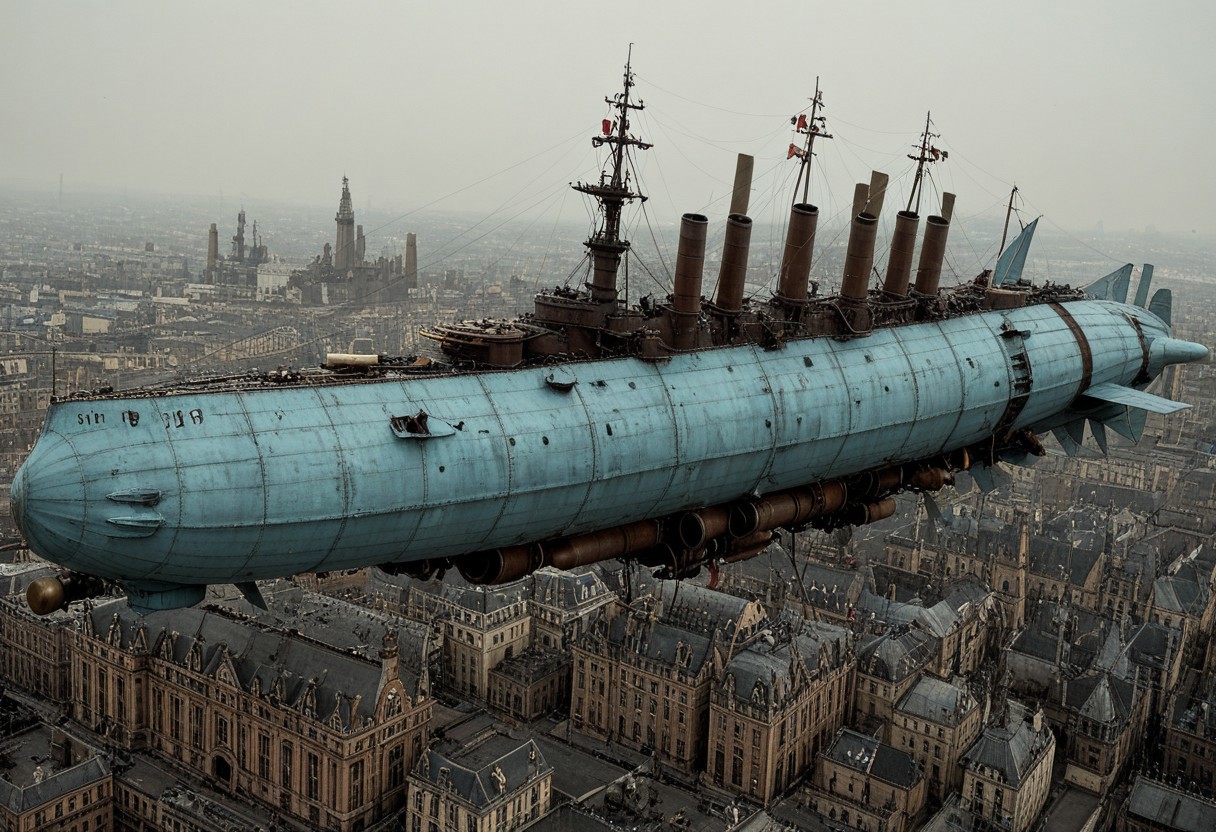 masterpiece, best_quality, very_aesthetic, highres, absurdres, ultra detailed, airship,  battleship, steampunk, Victorian, 
flying over Victorian city,
 airship, vehicle focus, no humans, military vehicle, military, science fiction, aircraft flying, radio antenna, cannon, machinery,rocket launcher,
dark iron, (light blue vehicle), 
spiral, pipe ,rivets, ,wire,