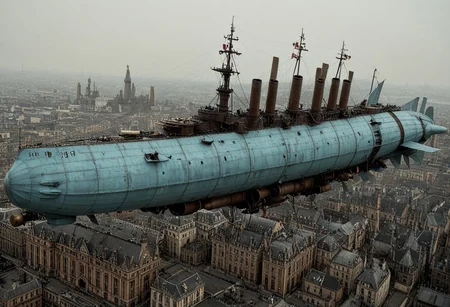 masterpiece, best_quality, very_aesthetic, highres, absurdres, ultra detailed, airship, battleship, steampunk, Victorian,
flying over Victorian city,
airship, vehicle focus, no humans, military vehicle, military, science fiction, aircraft flying, radio antenna, cannon, machinery,rocket launcher,
dark iron, (light blue vehicle),
spiral, pipe ,rivets, ,wire,