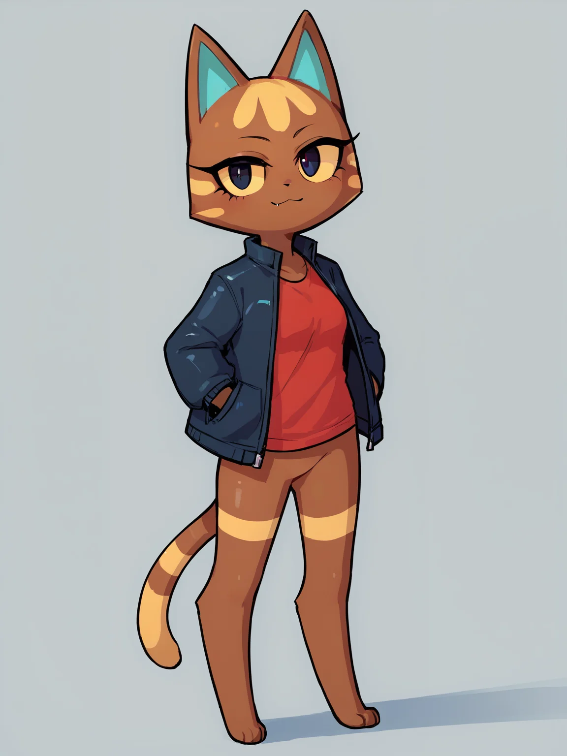 <lora:Katt-PONY:0.8> Katt, black pupils, female, solo, standing, open jacket, red shirt, looking at viewer, bottomless, raiting_safe, score_9, score_8_up