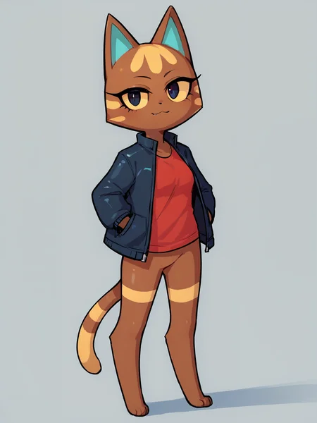 <lora:Katt-PONY:0.8> Katt, black pupils, female, solo, standing, open jacket, red shirt, looking at viewer, bottomless, raiting_safe, score_9, score_8_up