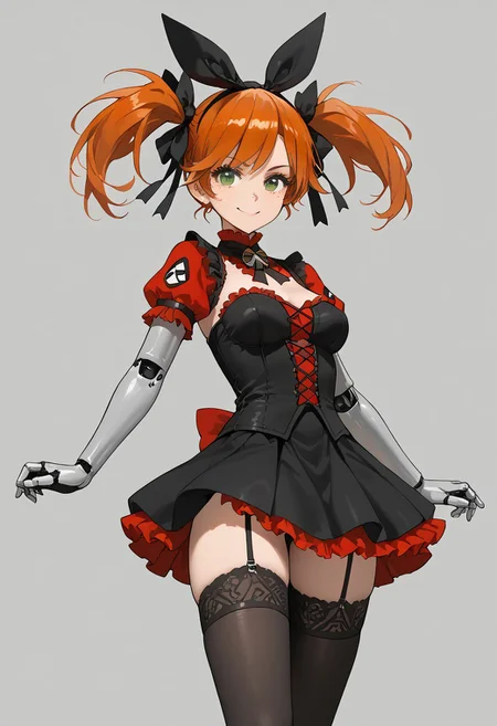 score_9, score_8_up, score_7_up, source_anime,
solo, gaigebl2, orange hair, twintails, short twintails, single mechanical arm, freckles, medium breasts, green eyes, <lora:gaigebl2-guy-v1PONYXL:1>,
Smirk,
, sexy pose, simple background,
hair ribbon, black dress, black thighhighs, garter straps, bow
