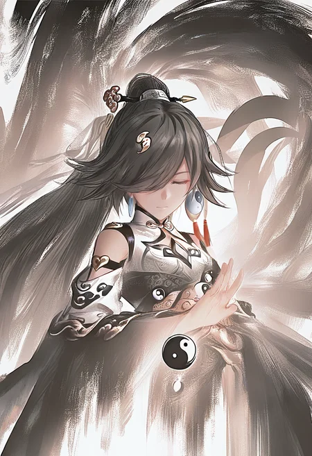 1girl, solo, fu hua, long hair, hair ornament, closed eyes, black hair, chinese clothes, yin yang, hair over one eye, dress, ponytail, closed mouth, jewelry, bare shoulders, earrings, white dress, shoulder cutout, high ponytail, clothing cutout, china dress, hairpin, tassel earrings <lora:YLXL_NBVP1_lokr_V6311P:0.95>