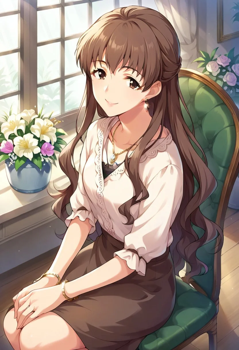 score_9, score_8_up, score_7_up, source_anime,hattori touko, long hair, brown hair, brown eyes, 1girl, jewelry, earrings, solo, necklace, flower, sitting, chair, skirt, smile, bracelet,indoors