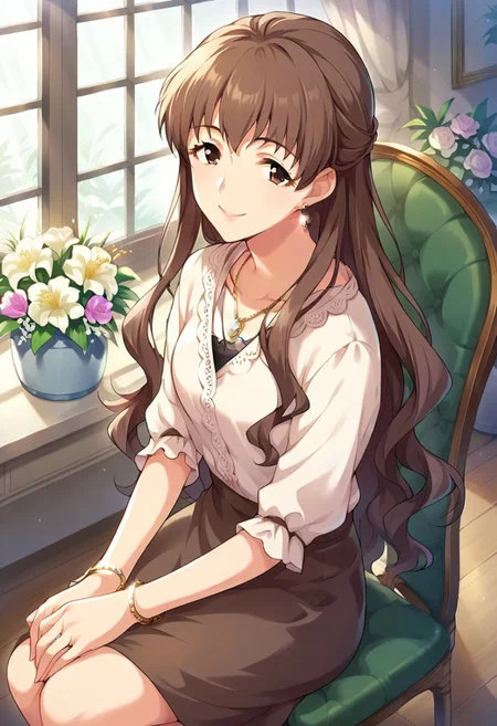 score_9, score_8_up, score_7_up, source_anime,hattori touko, long hair, brown hair, brown eyes, 1girl, jewelry, earrings, solo, necklace, flower, sitting, chair, skirt, smile, bracelet,indoors