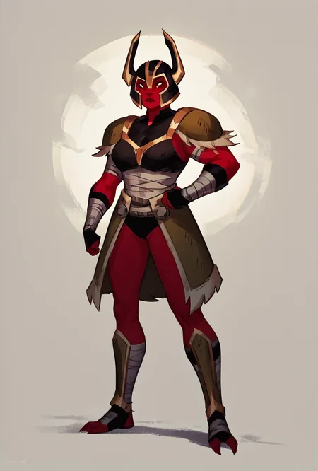 score_9, score_8_up, score_7_up,, good quality ,, character focus, solo, , best quality , full body, <lora:looma-10:1> looma, solo, red skin, armor, 1girl, bandages, shoulder armor, helmet, horns, <lora:PepePunchMeme_XLPD:1> IncrsPunchMeme, incoming punch