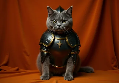 HFPA, Historical Full Plate Armor, The image is an oil painting of a grey British Shorthair cat dressed in medieval knight's suit of armor for cats, set against a dark orange, velvety fabric backdrop. The armor is made of polished black metal with golden trim, giving it a reflective, mirror-like finish. The suit is a full-body armor, covering the cat's torso, front legs, and back legs, with intricate details and rivets that give it a medieval, historical appearance, cat is wearing a historical helmet on its head, dramatic epic scene, mist and smoke, cinematic, dramatic lighting
<lora:Historical_Full_Plate_Armor-000007:0.8> <lora:FluxDFaeTasticDetails:0.6> <lora:detailed photorealism style v3:0.6>