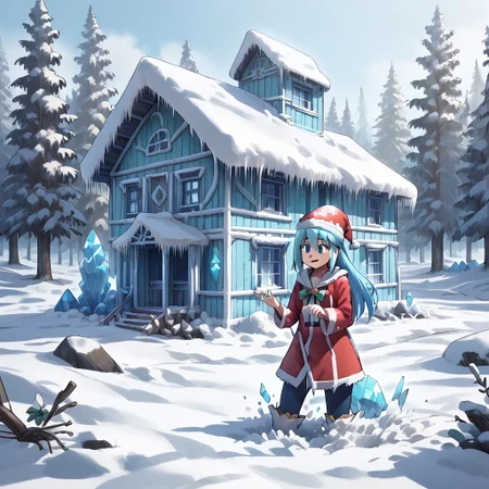 best quality, highres, high resolution, score_9, score_8_up, score_7_up, score_6_up, score_5_up, score_4_up, 1 female, aqua is wearing Santa outfit, her outfit is made of snow crystals,  (Aqua_(Konosuba):1), fr0stwrld, snow, ice, <lora:Fr0stWrld-v10:1.2> , <lora:Aqua Pony:1> ,full body, front yard of a house in snow forest, snow background, standing , anime pose, trickster face