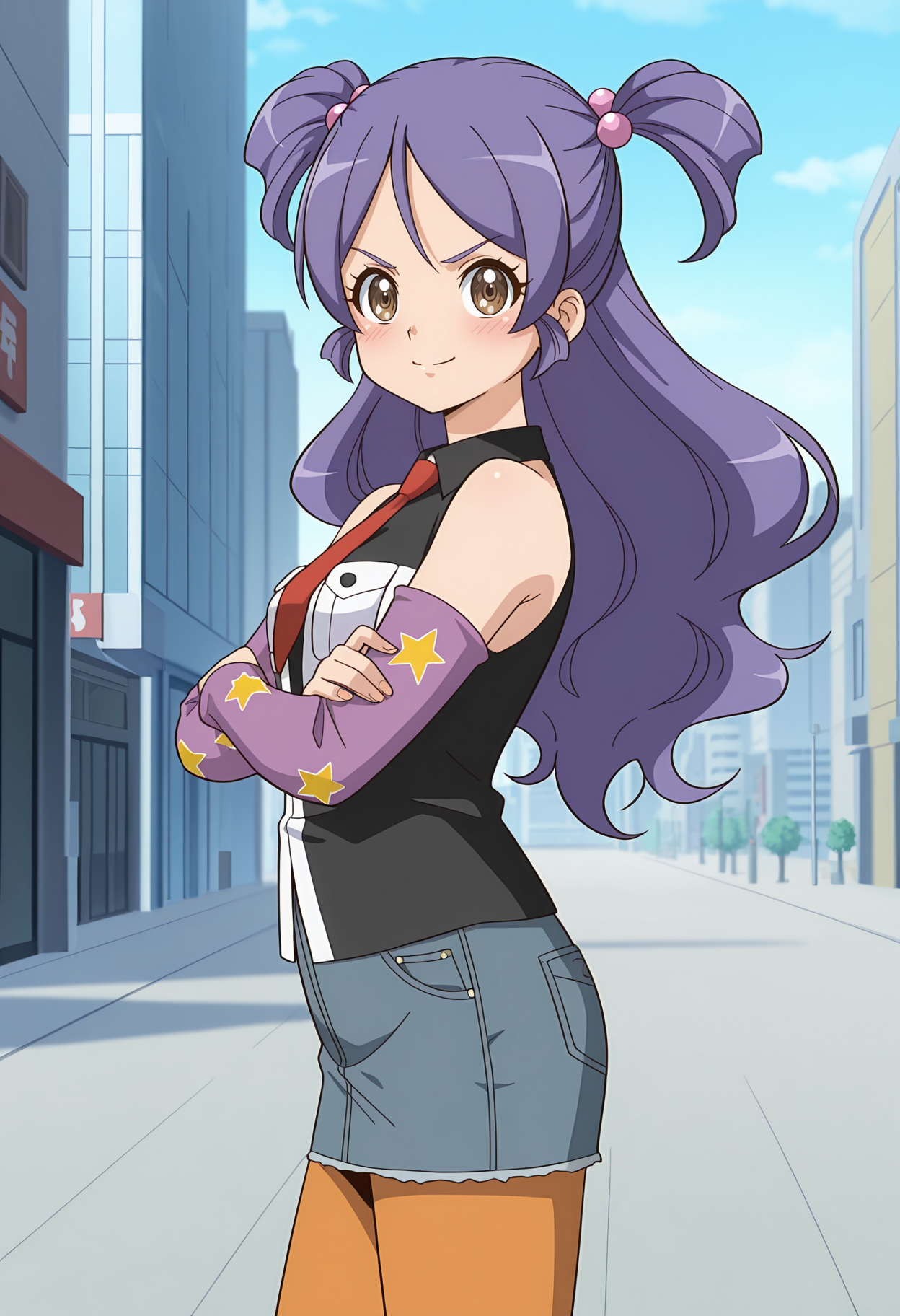 highres, best quality, masterpiece, outdoors, city,
anime screencap,
1girl, solo, drlhylg, purple hair, long hair, two-side up, hair bobbles, brown eyes,
black shirt, two-tone shirt, pockets, bare shoulders, red necktie, detached sleeves, purple sleeves, star print, denim skirt, orange pantyhose,
looking at viewer, blush, smile,
crossed arms, from side, serious,
<lora:_hu_yuling_dragon_lancer-elesico-ilxl:0.9>