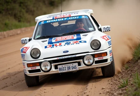 white 1985 Ford RS200 with racing stickers. The main sponsors on the car is "BUZZ". the car is speeding in a rally stage, front side view. The text in the license plate is "BUZZ OR G4S"