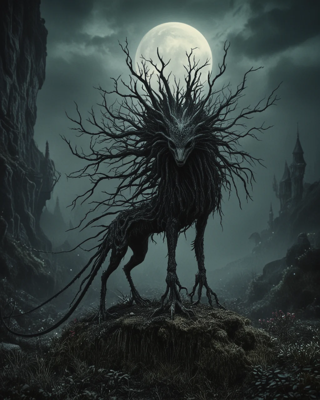 (<greenmageddonPONY>)0.8, the most beautiful girl in the world, an attractive female creature, dark fantasy, goth, detailed background