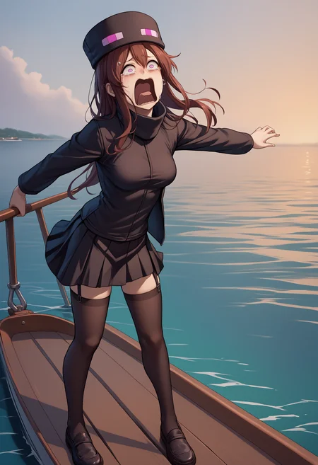 score_9, score_8_up, score_7_up, source_anime, 1girl, Enderman-chan, black jacket, high collar, enderman hat, black skirt, black thighhigh, garter straps, <lora:Enderman_XLPD:1>, shoes, full body, on boat, boat, water, sea, scared, tears, panicking, standing, medium breasts, mature female, <lora:concept_aquascreaming_ponyXL:1> aquascreaming, screaming, open mouth, crying with eyes open