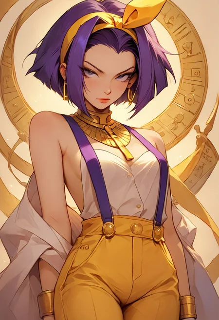 score_9, score_8_up, score_8, source_anime, rating_questionable, Faye Valentine, classic pinup model, yellow shorts, suspenders, shirtless, pink thigh high stockings, purple hair, yellow hairband, AnyankoP, seductive, Egyptian clothes, gold jewelry