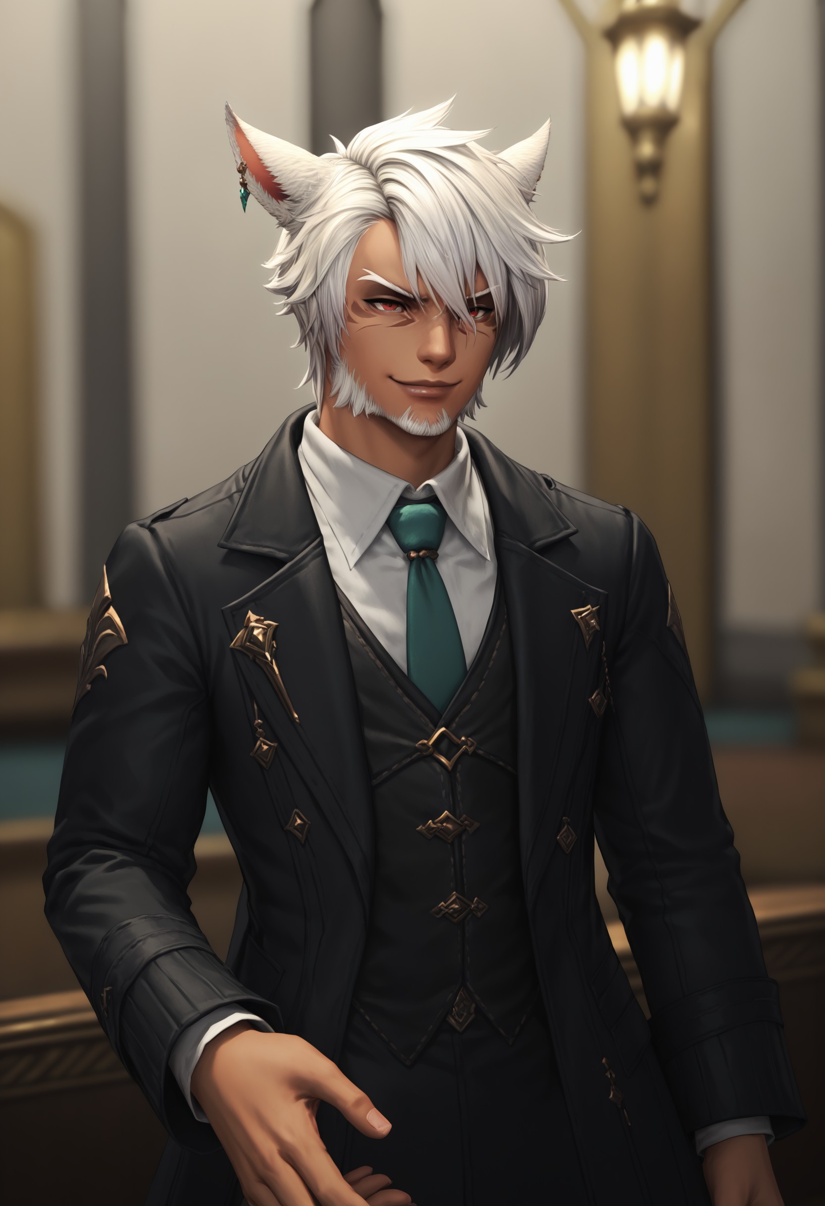 score_9, score_8_up, score_7_up, score_6_up, score_5_up, 3KK4T14, 1boy, animal ears, red eyes, miqo'te, male focus, solo, facial hair, white hair, blurry background,  cat ears, dark-skinned male, dark skin, earrings, jewelry, beard, necktie, facial mark, short hair, indoors, hand out, smirk, smoldering expression, <lora:05b4ee60-e7e4-4acf-8aa7-d7a6dc9f4242:0.7>