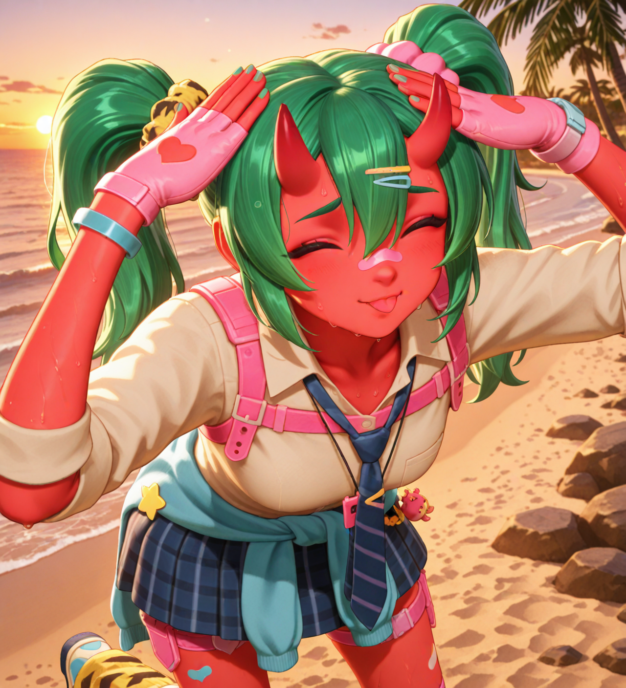 (dance, sparkling, happy, smile:1.2), (portrait, AhEtoBlehMeme, closed eyes, tongue out, :p, hands on own head, smile, looking at viewer, depth of field, bokeh, sunset, golden hour, beach, sand, palm tree, ocean, rocks, detailed background:1.5), fortnite_nemia, 1girl, solo, green hair, twintails, ponytail, long hair, bangs, hair between eyes, hair over one eye, ears, horns, oni horns, single horn, red skin, pink skin, blue eyes, parted lips, bandaid, bandaid on nose, bandaid on thighs, breasts, shirt, school uniform, necktie, plaid skirt, thighhighs, socks, loose socks, boots, jewelry, earrings, bracelet, charm, belt, gloves, fingerless gloves, knee pads, leg warmers, collarbone, solo, colored skin, hair ornament, hairclip, scrunchie, holster, striped necktie, clothes around waist, oni, plaid, charm (object), blue necktie, sweater around waist, animal print, heart, shoes, star (symbol), thigh holster, (female focus, female_focus, sweating, sweat:1.8),  <lora:Fortnite_Nemia_Demonically_Cute_Set_ILXL_E41_16_DIM:0.7>, <lora:dmd2_sdxl_4step_lora:1> <lora:AhEtoBlehMeme_illusXLNoobAI_Incrs_v1:1>