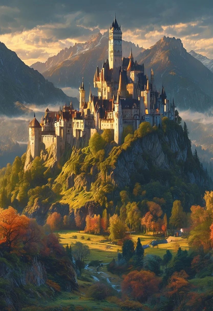 A captivating night scene illustration featuring a beautiful castle on a great and luxurious castle great mountain. The castle and mountain are much like Neuschwanstein Castle in Bavaria. This enchanting artwork captures a serene and peaceful early morning, where the sun is just starting to rise over the beautiful tree covered mountain range and castle which stands resolute amidst the great mountains, creating a cinematic experience., illustration, cinematic
<lora:DonM3t3rn1tyXL-v1.1:0.7>, DonM3t3rn1tyXL,
OverallDetailXL <lora:MJ52:0.3> <lora:SDXLFaeTastic2400:0.4> <lora:EpicF4nta5yXL:0.7>