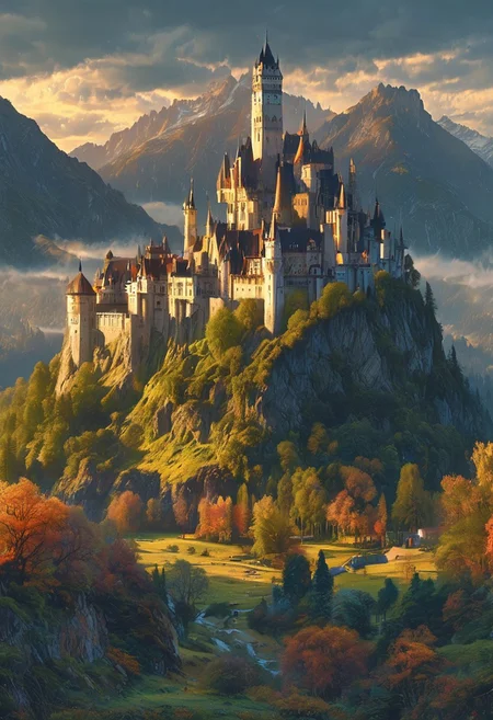 A captivating night scene illustration featuring a beautiful castle on a great and luxurious castle great mountain. The castle and mountain are much like Neuschwanstein Castle in Bavaria. This enchanting artwork captures a serene and peaceful early morning, where the sun is just starting to rise over the beautiful tree covered mountain range and castle which stands resolute amidst the great mountains, creating a cinematic experience., illustration, cinematic
<lora:DonM3t3rn1tyXL-v1.1:0.7>, DonM3t3rn1tyXL,
OverallDetailXL <lora:MJ52:0.3> <lora:SDXLFaeTastic2400:0.4> <lora:EpicF4nta5yXL:0.7>