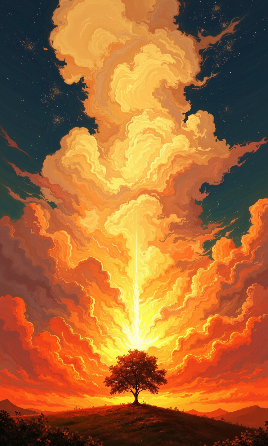A captivating digital artwork portrays a breathtaking sunset scene. 
Towering, vibrant clouds dominate the upper portion of the image, transitioning from pale yellows and creams at the top to fiery oranges and reds near the horizon. The clouds exhibit an almost ethereal, swirling quality, suggesting a dynamic and intense moment. These clouds cascade down from the dark, star-speckled night sky, creating a dramatic contrast.
A lone, silhouetted tree stands prominently at the center of the lower third of the image, positioned within a field of low vegetation. The sun's rays seem to be radiating outward from the center of the fiery clouds, illuminating the tree and the landscape. The warm colors and intense light give the scene a powerful, almost otherworldly feeling. The overall impression is one of rich color, depth, and breathtaking scale.
<lora:FLUX-daubrez-DB4RZ-v2:1> DB4RZ, DB4RZ style painting