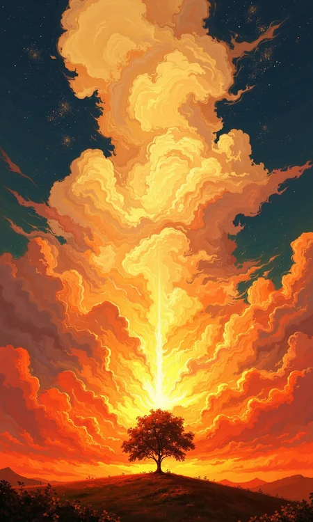 A captivating digital artwork portrays a breathtaking sunset scene. 
Towering, vibrant clouds dominate the upper portion of the image, transitioning from pale yellows and creams at the top to fiery oranges and reds near the horizon. The clouds exhibit an almost ethereal, swirling quality, suggesting a dynamic and intense moment. These clouds cascade down from the dark, star-speckled night sky, creating a dramatic contrast.
A lone, silhouetted tree stands prominently at the center of the lower third of the image, positioned within a field of low vegetation. The sun's rays seem to be radiating outward from the center of the fiery clouds, illuminating the tree and the landscape. The warm colors and intense light give the scene a powerful, almost otherworldly feeling. The overall impression is one of rich color, depth, and breathtaking scale.
<lora:FLUX-daubrez-DB4RZ-v2:1> DB4RZ, DB4RZ style painting