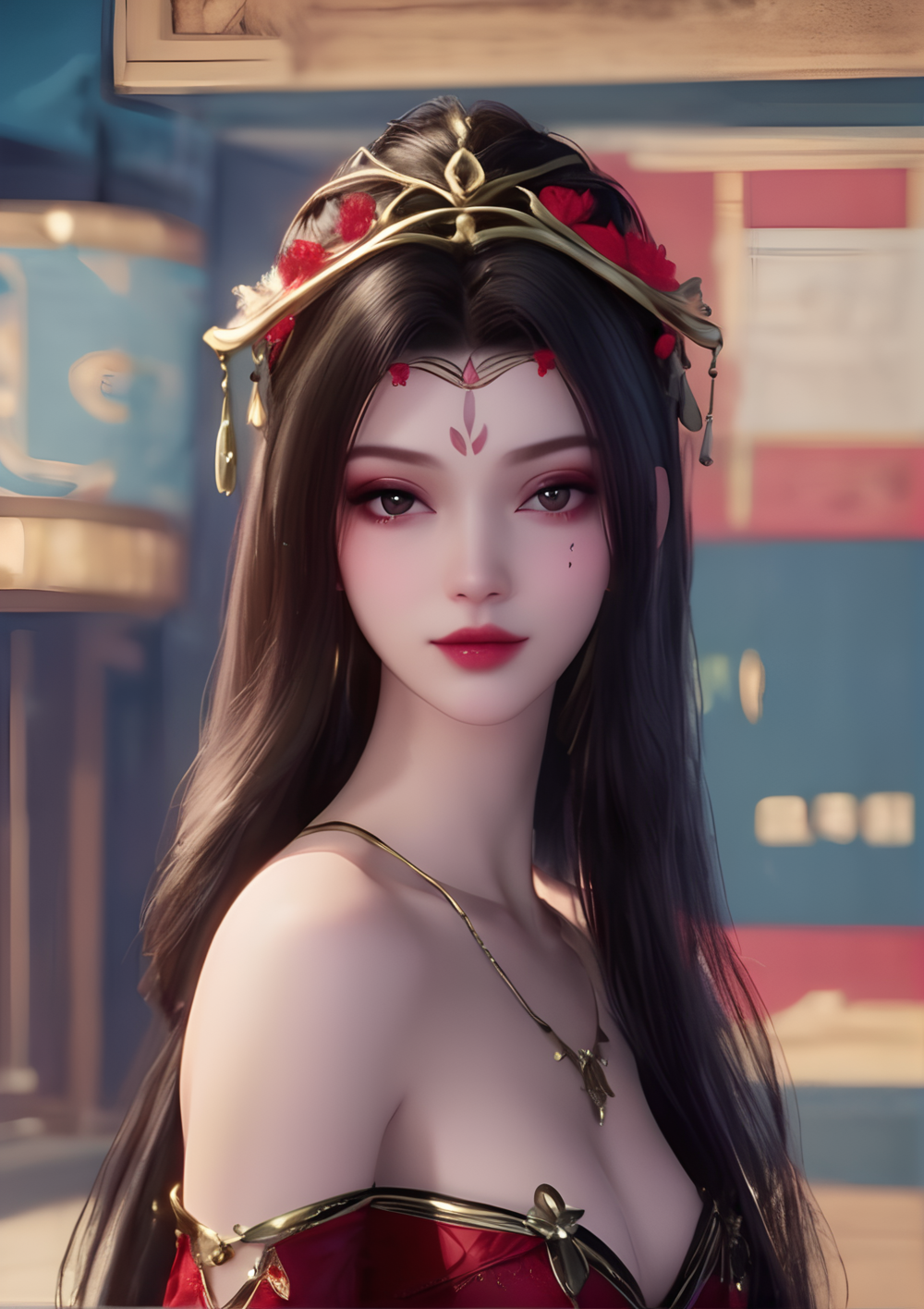 profile,ultra realistic 8k cg,picture-perfect face,flawless,clean,masterpiece,professional artwork,famous artwork,cinematic lighting,cinematic bloom,perfect face,beautiful face,beautiful eyes,fantasy,dreamlike,unreal,science fiction,absurdly long hair,very long hair,(rich:1.4),detail,delicate pattern,charming,alluring,seductive,erotic,enchanting,hair ornament,looking at viewer,sexy,charming,alluring,seductive,
1girl,black hair,breasts,red dress,facial mark,forehead mark,hair flower,hair ornament,jewelry,solo,paimaishi,<lora:meiya_V2:1>,