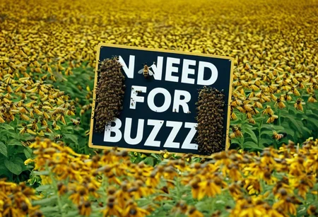 score_8_up, score_7_up, cinematic film still of a swarm of bees carrying a sign that reads "Need Buzz for Flux",the bees swarm around the sign, lifting it up into the sky above a field of flowers, the sign has "Need buzz for flux" written on it in bold letters,The image has a surreal quality to it, but is grounded in realism