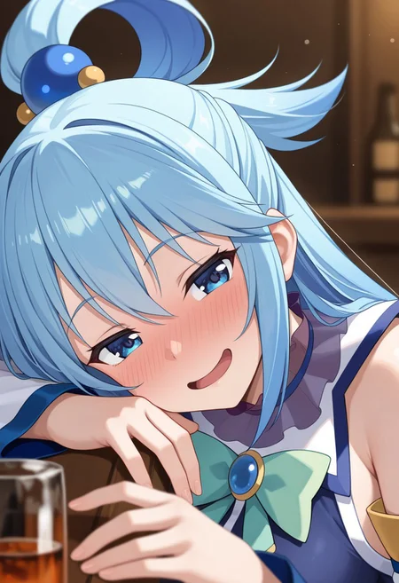 masterpiece, best quality, good quality, very aesthetic, absurdres, newest, 8K, detailed anime, depth of field, focused subject, vibrant colours, anime, BREAK side portrait of Aqua (Konosuba), drunk, happy
