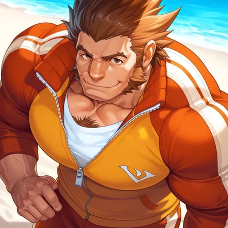 safe_pos, safe_pos, source_anime, detailed background, (score_9, score_8_up, score_7_up), zoroj, masterpiece, best quality, high quality, ultra detailed, highly detailed, high detail, artistic lighting, (highly detailed face, (perfect face, perfect eyes)), depth of field, perfect soft lighting, best shadows, perfect reflections, volumetric, detailed image, high resolution, defined faces, sharp definition,
solo, 1boy, male focus, Will Powers, brown eyes, brown hair, spiked hair, long sideburns, track suit, thick chest hair, musclebears, muscular male, bara, hyper muscles, veiny muscles,
beach, front view, front angle, cowboy shot, standing, looking at viewer, smile, closed mouth,