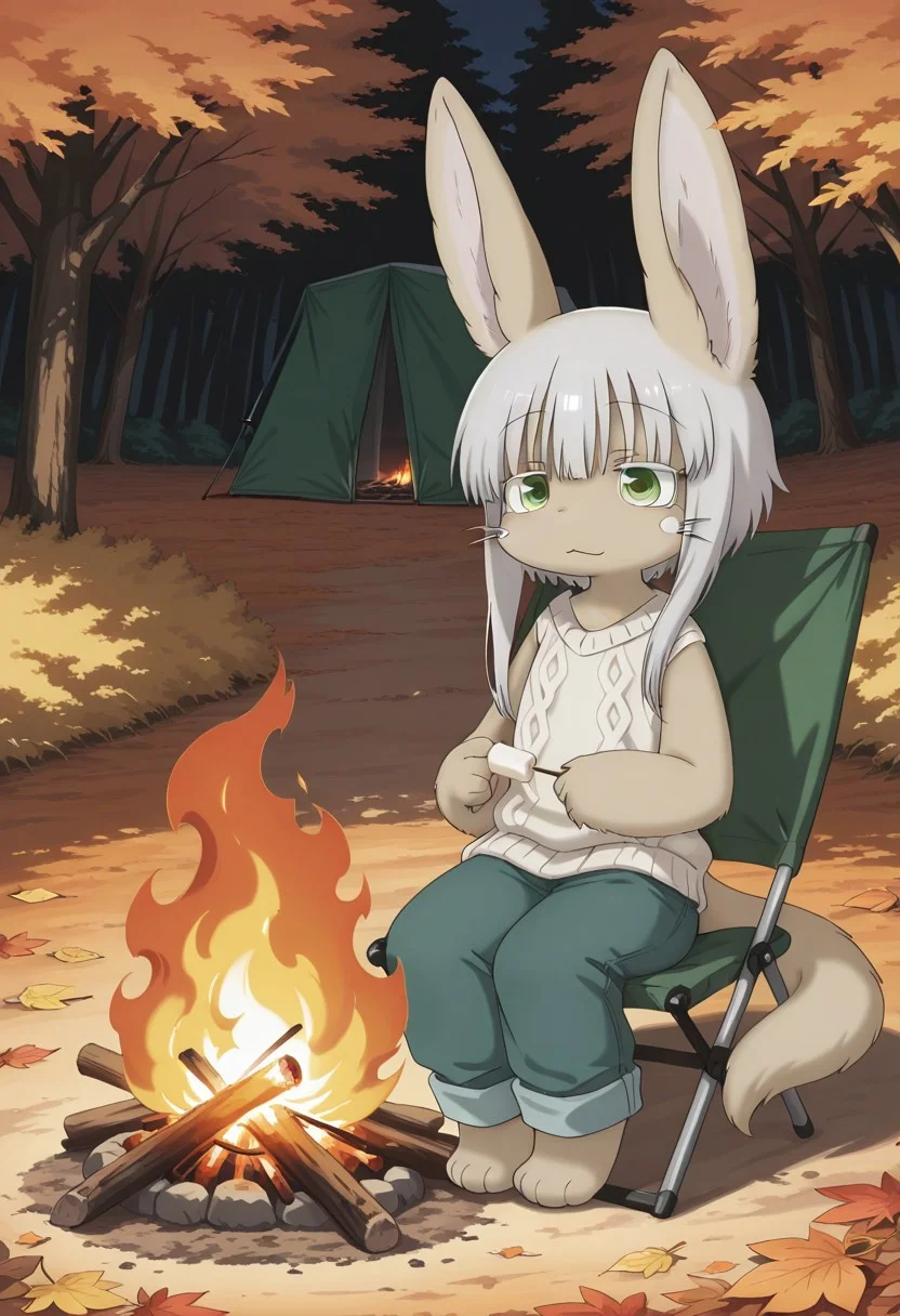 score_9, score_8_up, score_7_up, score_6_up, score_5_up, score_4_up,( flat chest), short legs, short arms, short female,, shortstack, Nanachi_(mia), female,green eyes, white hair, long hair, furry, animal ears, tail, ,
BREAK,happy, camping, a camp fire burns in front of tents, Autumn background, sweater, long pants,sitting in a chair, bonfire, roasting marshmallows,, holding a marshmallow on a stick