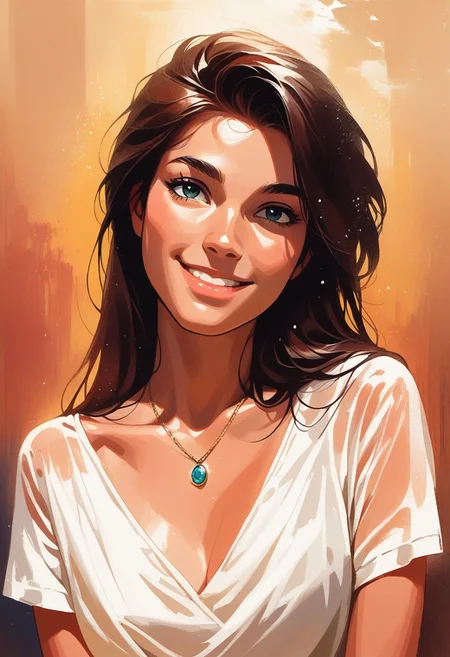 score_9, score_8_up, score_7_up, score_6_up, source_cartoon, 1girl, female, solo, femenine, petite, lean, pale skin,, soaking wet hair, smile, diaphonous white dress, bronze necklace, medium breasts, female focus, official style, close up, perfect anatomy, perfect face, standing, abstract beauty, beautiful, centered, looking at the camera, approaching perfection, dynamic, moonlight, highly detailed, watercolor painting, artstation, concept art, smooth, sharp focus, illustration, portrait