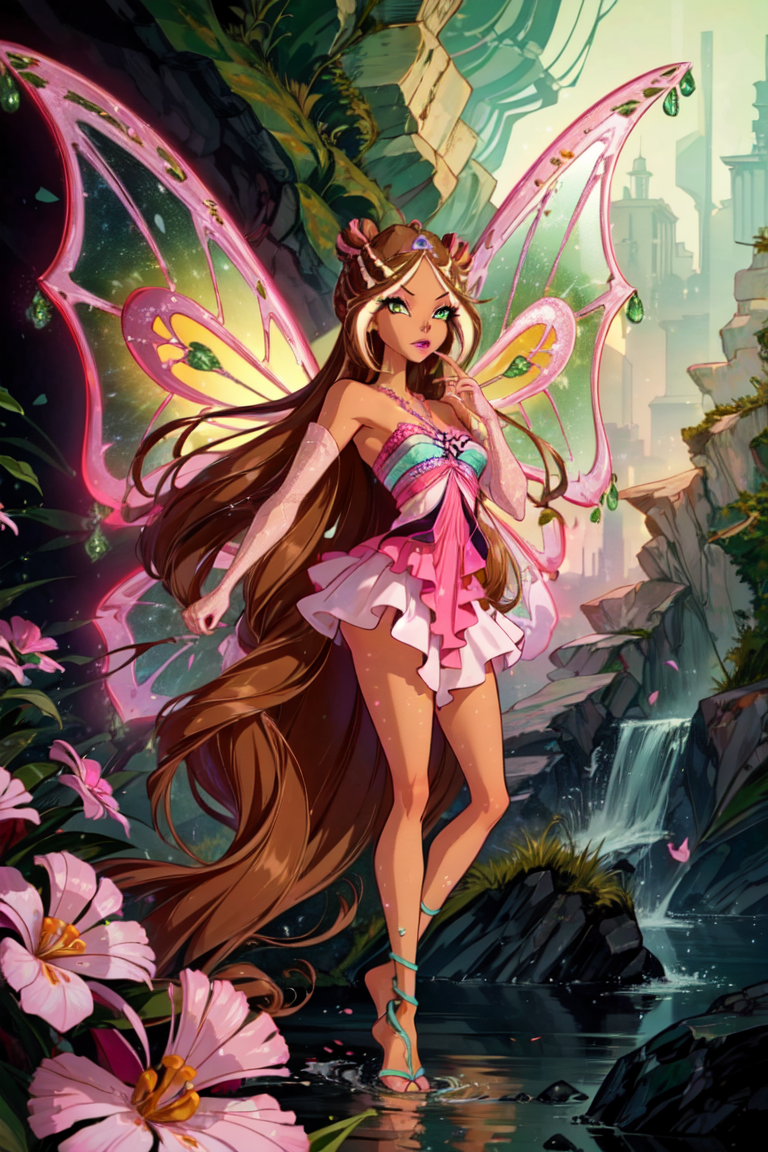 (Flora:1.5), dress, wings, sparkling clothing, brown hair, green eyes, long hair, (green and pink gradient background:1.2), (realistic:1.2), (masterpiece:1.2), (full-body-shot:1),(Cowboy-shot:1.2), neon lighting, dark romantic lighting, (highly detailed:1.2),(detailed face:1.2), (gradients), colorful, detailed eyes,, (natural lighting:1.2), solo  <lora:WinxClubEnchantixFlora-10:0.9> <lora:add_detail:0.3> <lora:BeautifulEyes:0.6>