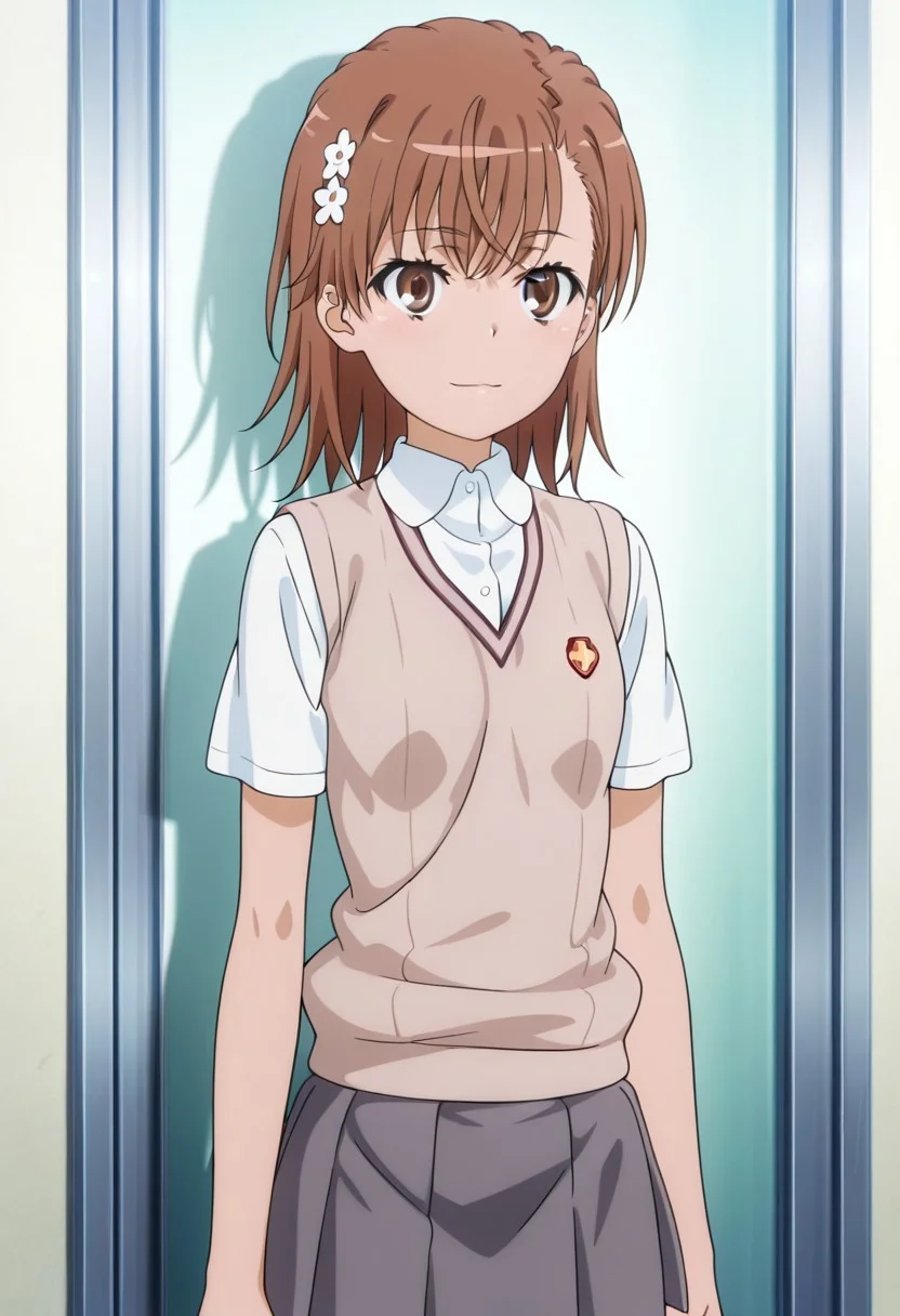 masterpiece, best quality, amazing quality, absurdres, very aesthetic, high resolution,highres,
ultra detailed, perfect details,
anime coloring, anime screencap,anime screenshot,
1girl,
Misaka Mikoto,mikoto misaka,
brown hair, brown eyes, medium hair, hair flower,
tokiwadai school uniform, summer uniform, brown sweater vest, white shirt, collared shirt, short sleeves pleated skirt, short sleeves, miniskirt, grey skirt,
light smile,