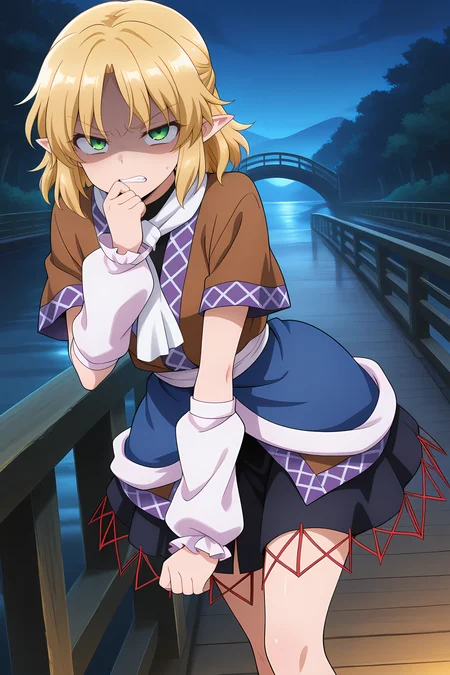 absurdres, highres, masterpiece, best quality, amazing quality, official anime artwork, screencap, anime screencap, outdoors, looking at viewer, dynamic pose,  
<lora:Parsee-Mizuhashi_Illustrious:1> mizuhashi parsee, 1girl, solo, green eyes, blonde hair, short hair, pointy ears,, brown shirt, short sleeves, white scarf, blue skirt, white arm warmers, jealous, hand in mouth, teeth, disgust, shaded face, night, bridge,