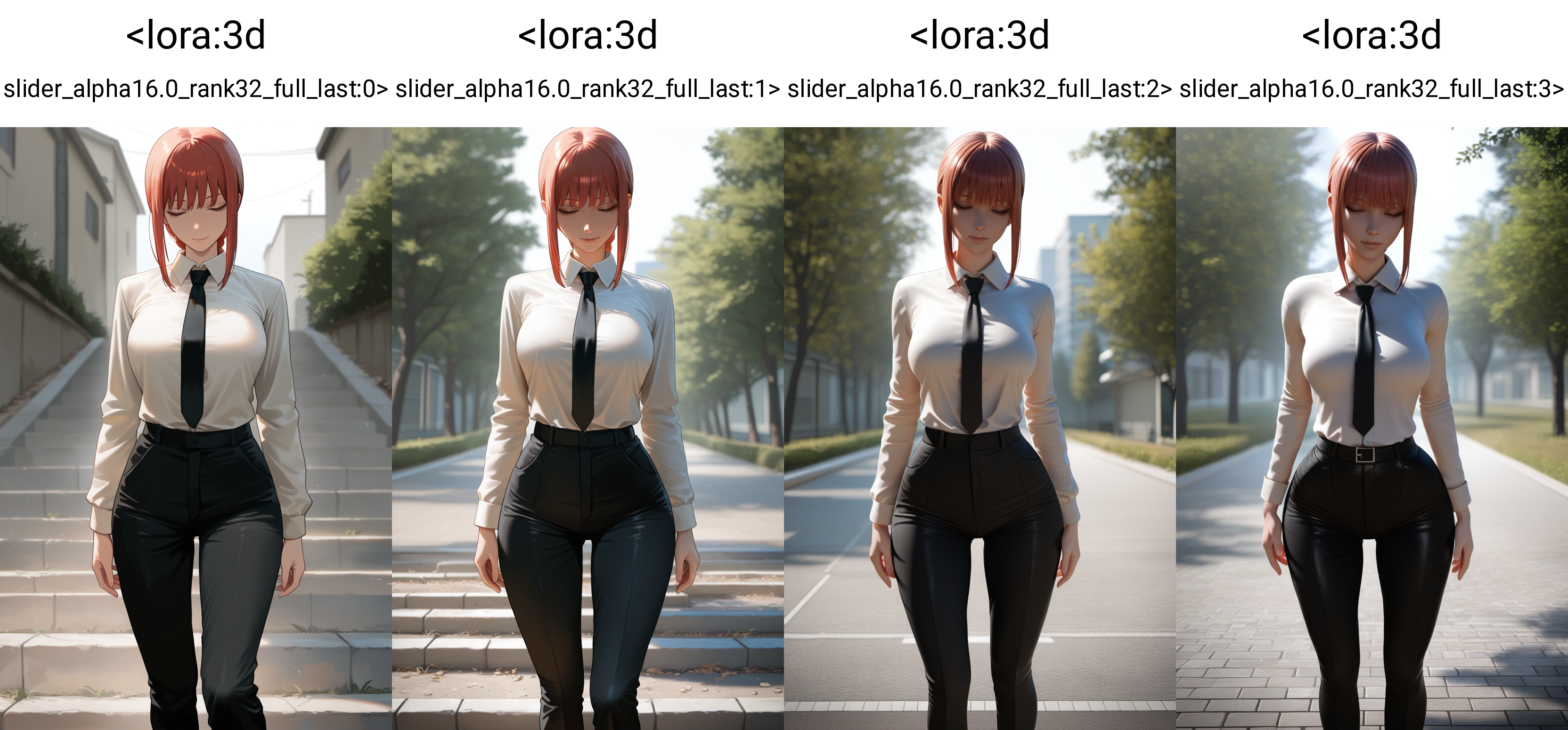masterpiece, best quality,  1girl, makima \(chainsaw man\),  collared shirt, black pants,black necktie, standing, outdoors, arms at sides, facing viewer,  <lora:3d slider_alpha16.0_rank32_full_last:0>