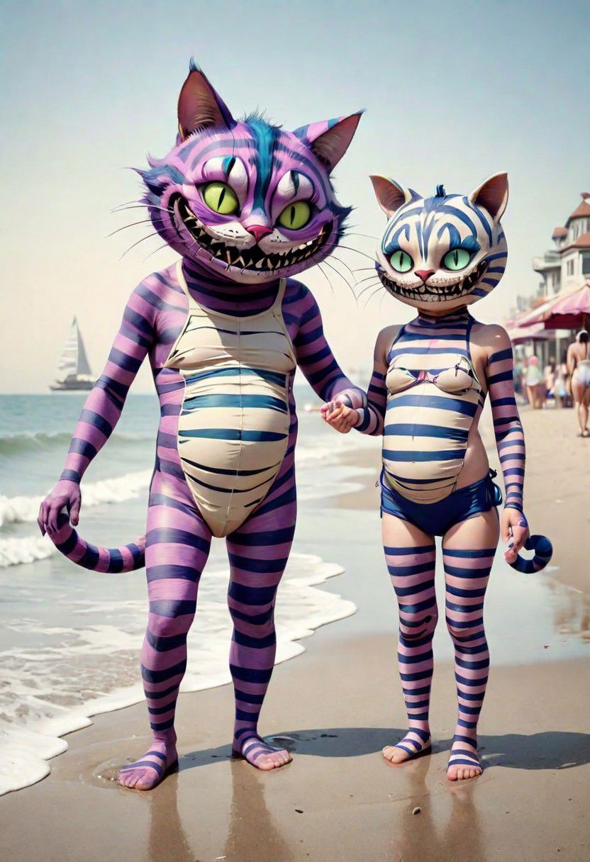 surreal  cheshire cat  ,mummy,daddy ,toddler   1920 style bathing suits )))beach  promenade