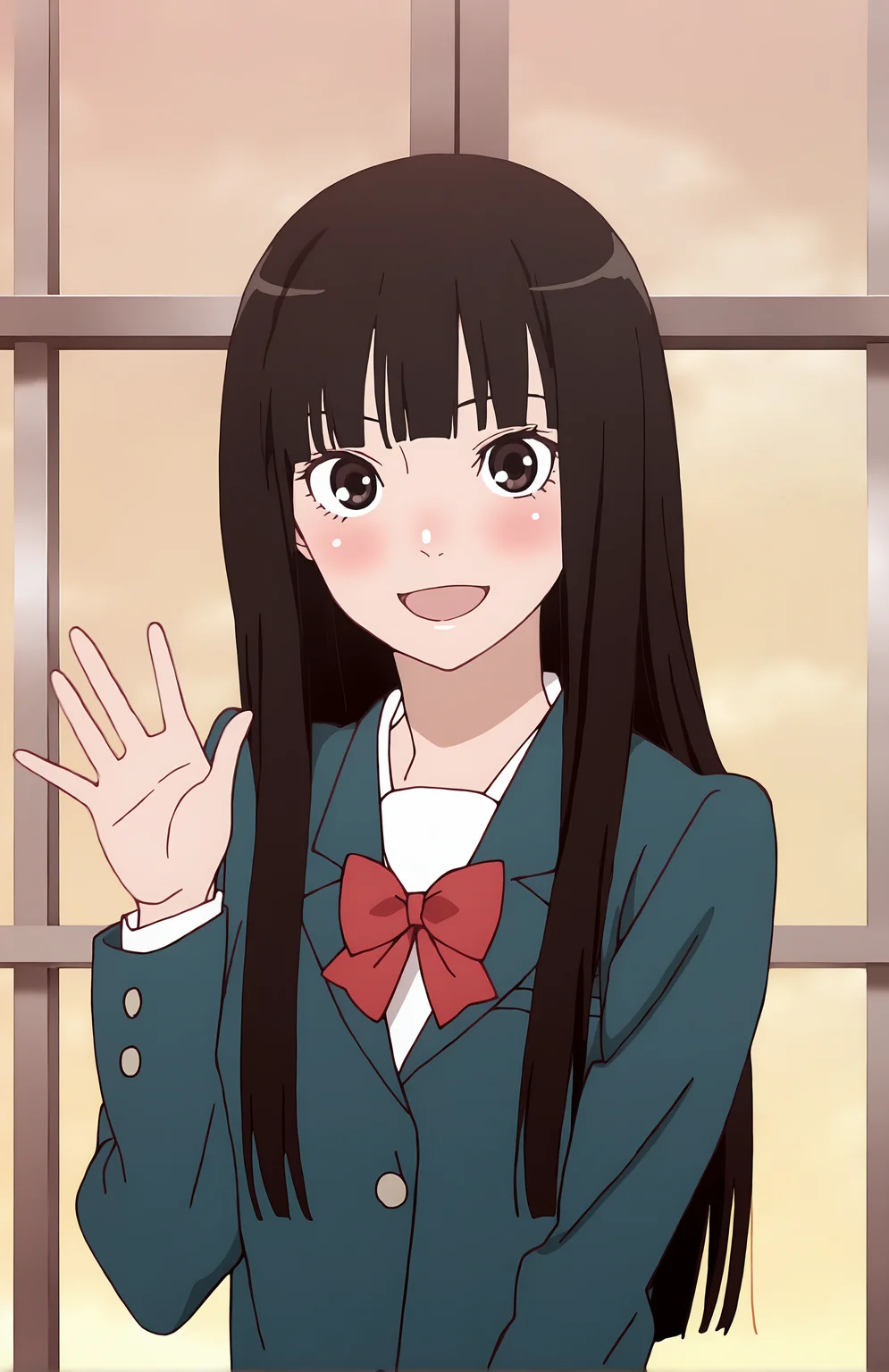 Kizustyle, sawako, 1girl, black hair, solo, long hair, school uniform, smile, black eyes, blush, looking at viewer, open mouth, bow, blazer, bangs, blunt bangs, upper body, shirt, red bow, bowtie, long sleeves, hime cut, waving at viewer