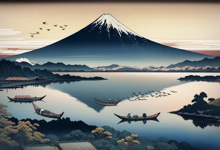 panoramic scenery, magnificent mount fuji, wooden boat on the lake, boatman, birds, outdoors, (masterpiece, best quality), highly detailed, KHsty-XL <lora:KHsty-XL-v3-AN-000020:0.7>