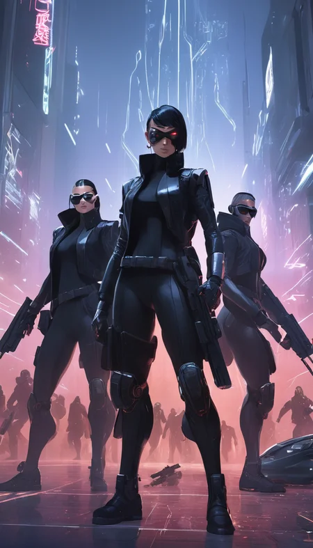 Cinematic scene, a group of rebels, dressed in black and wielding futuristic weapons, fighting against a powerful corporation or government agency, detailed background, masterpiece, best quality, high quality, highres, absurdres, cyberpunk <lora:cyberpunk_xl_v1:1>