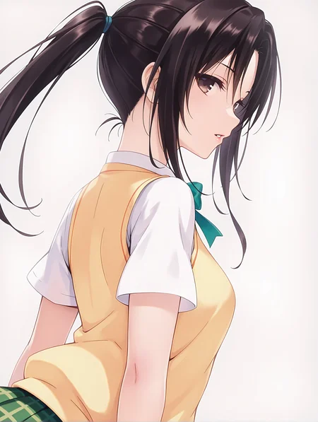 masterpiece,best quality,newest,
1girl,solo,
<lora:kujou_rin_ilxl_v1.1:1>,rin,brown eyes,black hair,ponytail,r_clothes,short sleeve blouse,yellow vest,green plaid skirt,<lora:Fixhands_anime_bdsqlsz_V1:1>,portrait,simple_background,white_background,profile,(expressionless:0.9),parted lips,looking_at_viewer,