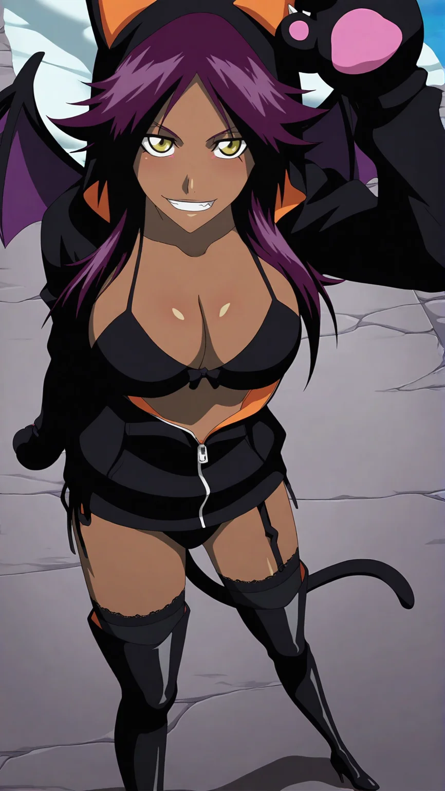 source_anime, masterpiece, best quality, amazing quality, anime screencap, high quality, 8k, absurdres, official style, 1girl, solo, standing, looking at viewer, smile, teeth, <lora:Yoruichi_Pre_iL:1>, y0ru1ch1 pre, yellow eyes, dark skin, dark-skinned female, purple hair, long hair, halloween outfit, hoodie, hood, black clothing, breasts, large breasts, cleavage, thighhighs, high heels, high heel boots, gloves, paw gloves, animal ears, cat ears, tail, swimsuit, bikini, black bikini, boots, wings, garter straps,