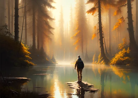 oil painting of a hiker standing by a stunning lake, bright warm lighting, soft focus, light fog, volumetric lighting, masterpiece, trending on artstation, highres, epic composition, forest