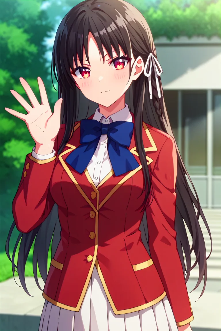score_9, score_8_up, score_7_up, score_6_up, score_5_up, score_4_up, rating_questionable, , source_anime, digital illustration, pixiv, fanbox, uncensored, , BREAK, official art,
1girl, solo, female, horikita suzune, black hair, long hair, red eyes, hair ribbon, anime screencap, 
school unifrom, red jacket, blue bow, white skirt, pleated skirt, waving, hand up, outdoors, , blush, looking at viewer, cowboy shot, colorful, vivid,<lora:Horikira_pony:0.8>